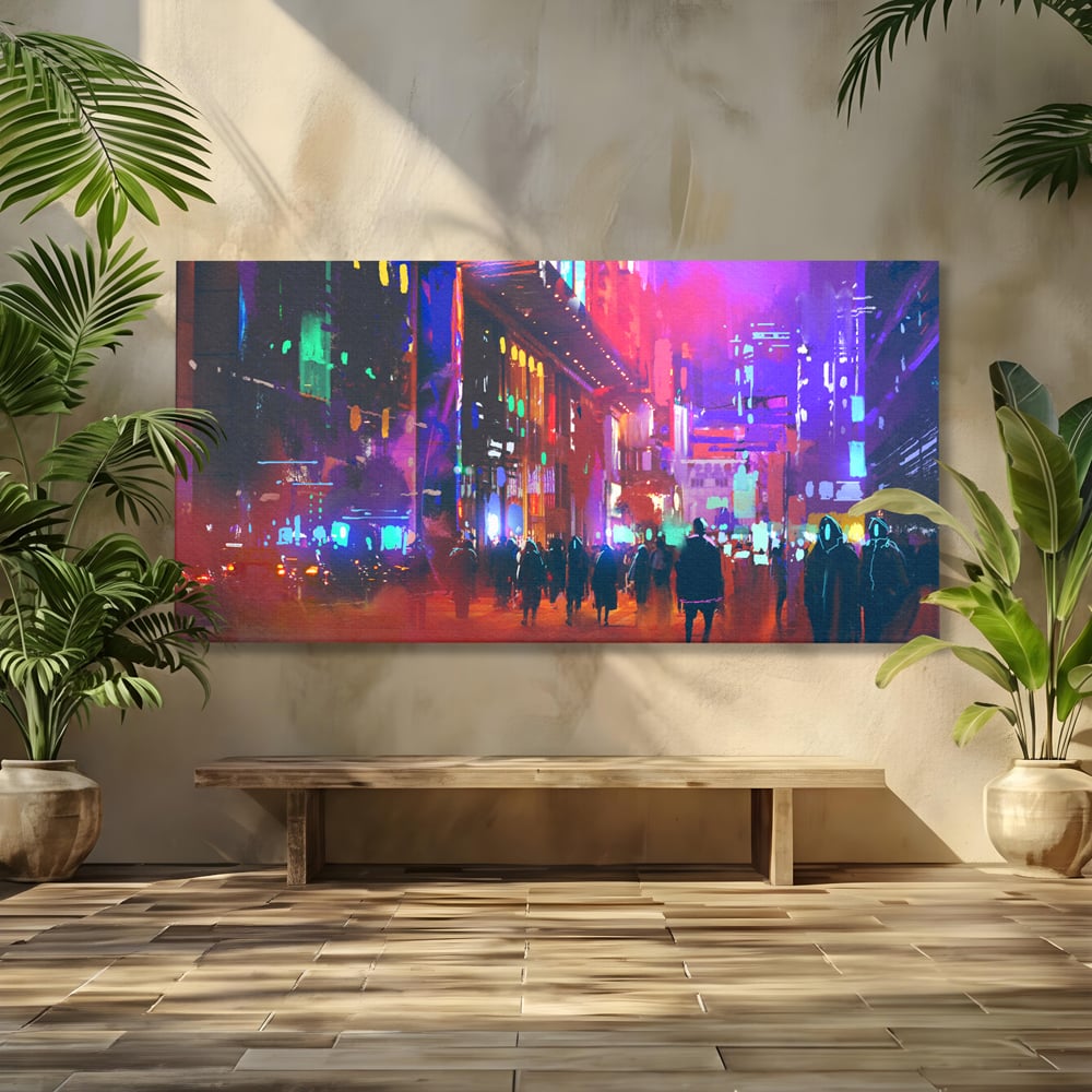 Tablou canvas cu ilustratie digitala cu oras nocturn, fara rama, pe sasiu de lemn